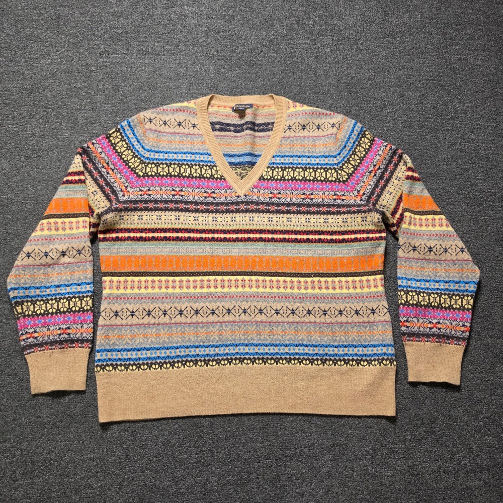 Brooks Brothers Fair Isle Sweater Multicolor Womens XL Lambswool V-Neck Knit